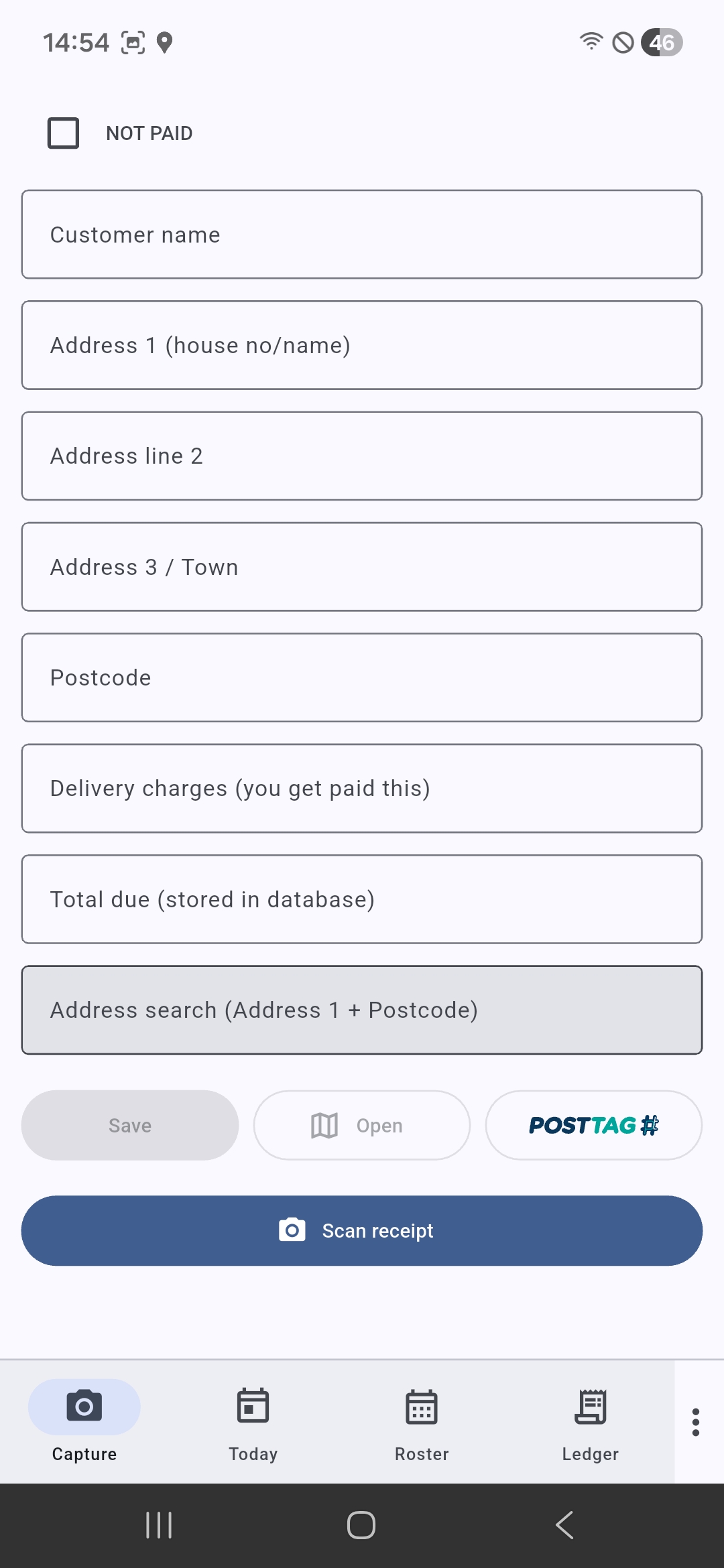 ScanGo Capture screen ready for a new delivery entry, showing the three action buttons — Save, Open in Maps, and POSTTAG — that appear once an address is entered