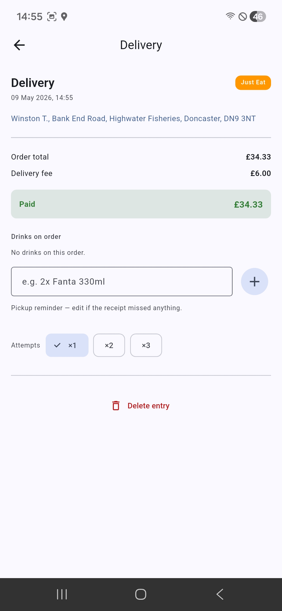 Delivery detail showing drinks editor, paid status, and re-attempt tracking