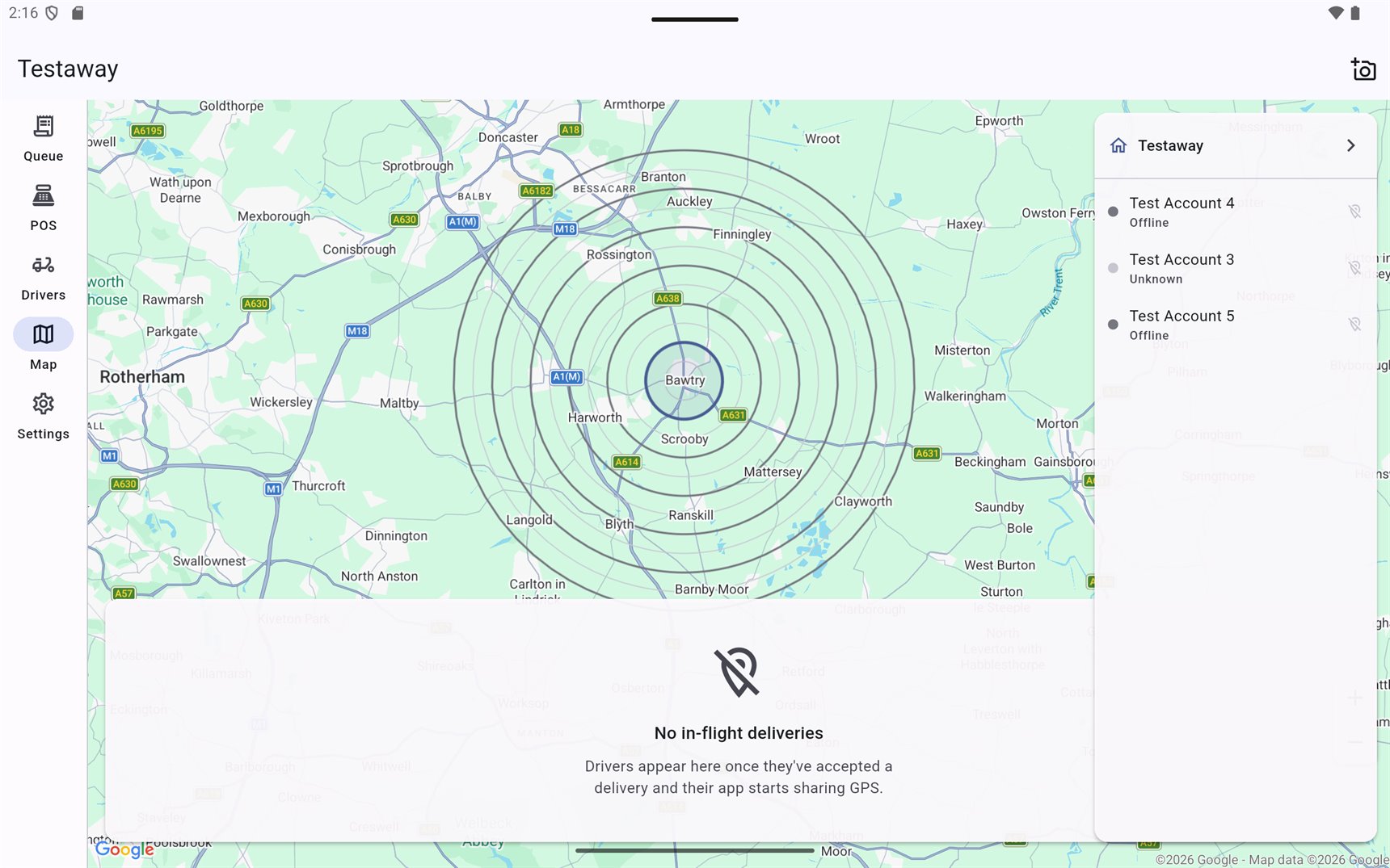 ScanGo Terminal live dispatch map — driver positions, delivery range rings and dropoff pins around a takeaway