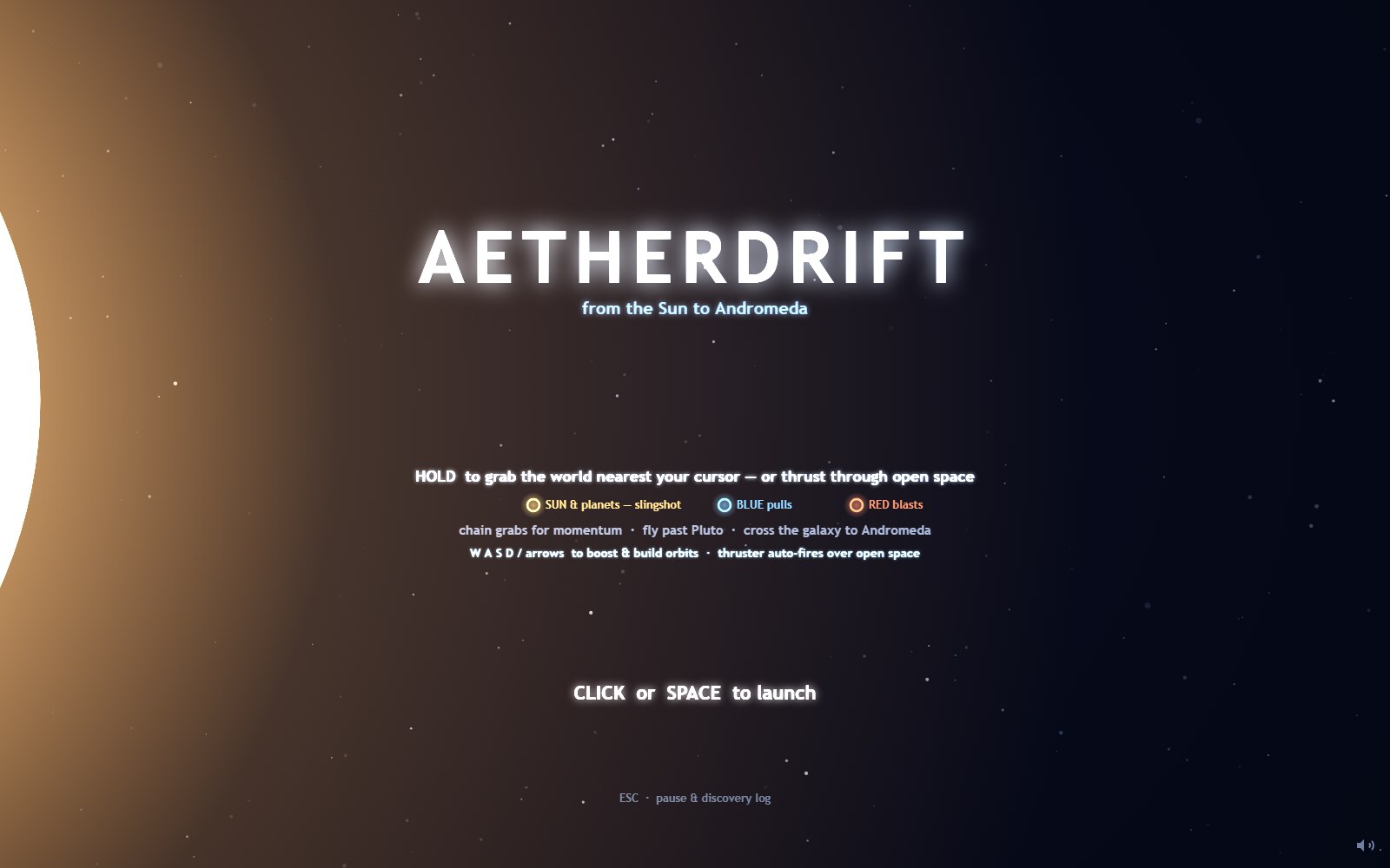 AetherDrift — drifting through a glowing procedural galaxy of blue and red gravity nodes