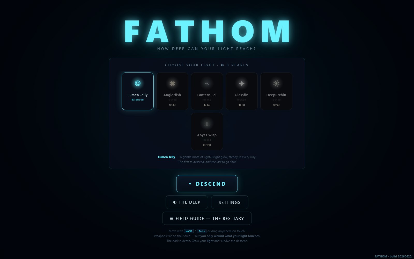Fathom — a mote of living light sinking into a bioluminescent abyss